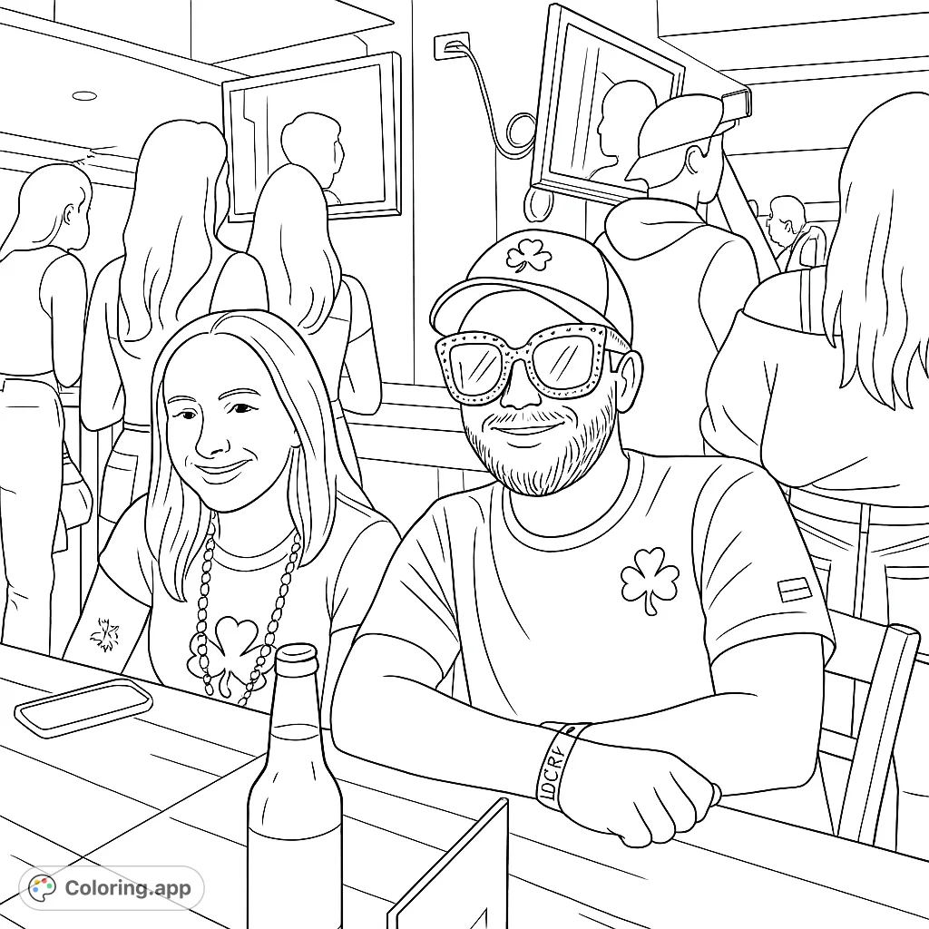 A lively scene of friends enjoying a festive gathering at a bar, perfect for a fun and engaging adult coloring experience.