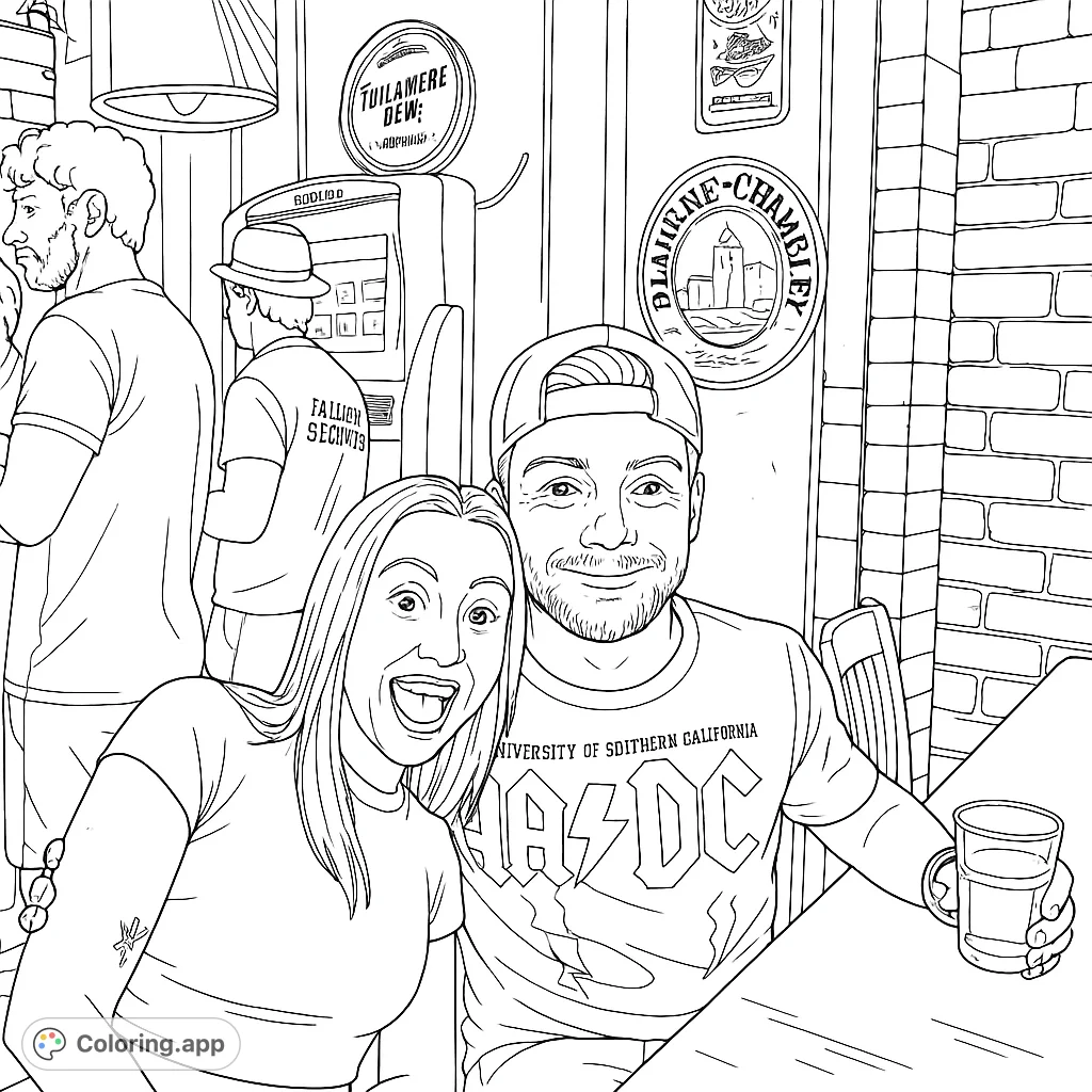 Capture a lively social scene with friends at a bar. Features a smiling couple, detailed background elements, and a relaxed atmosphere for creative coloring.