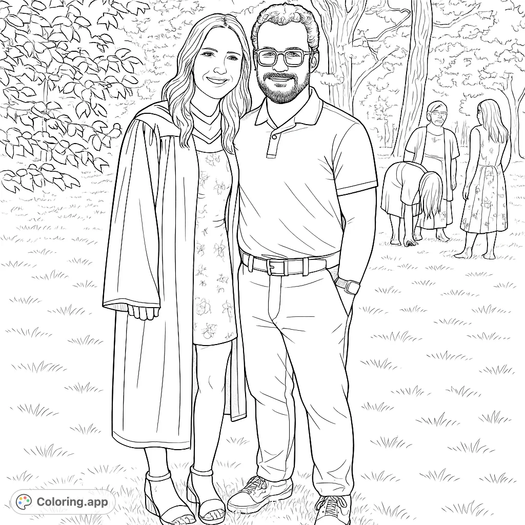Celebrate academic success with this graduation coloring page. Features a proud graduate and companion amidst a festive outdoor setting, perfect for personalizing.