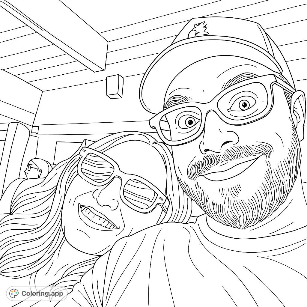 Capture the joy of a movie night with this fun coloring page featuring a couple in distinct glasses. Perfect for a relaxing creative escape.