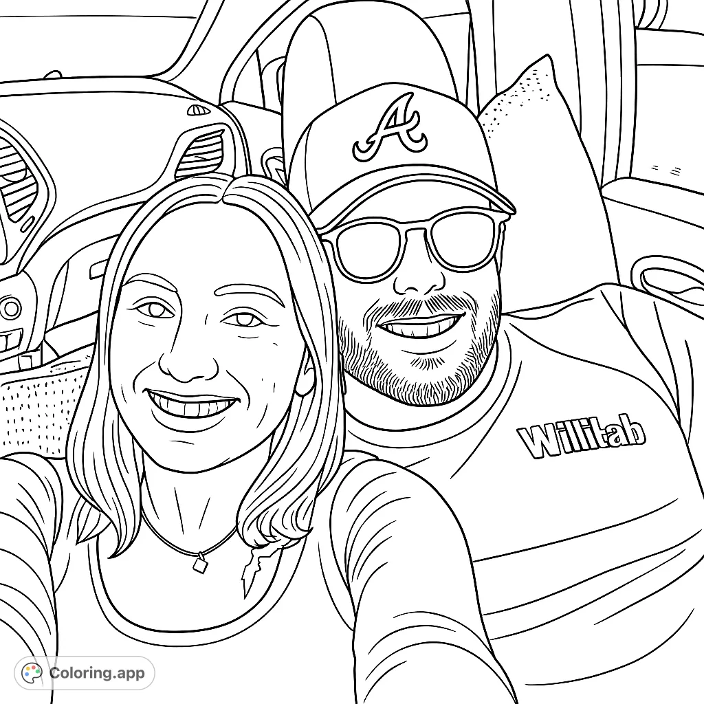 Capture a joyful moment with a smiling duo in a car. Perfect for personalizing with your favorite patterns and shades.