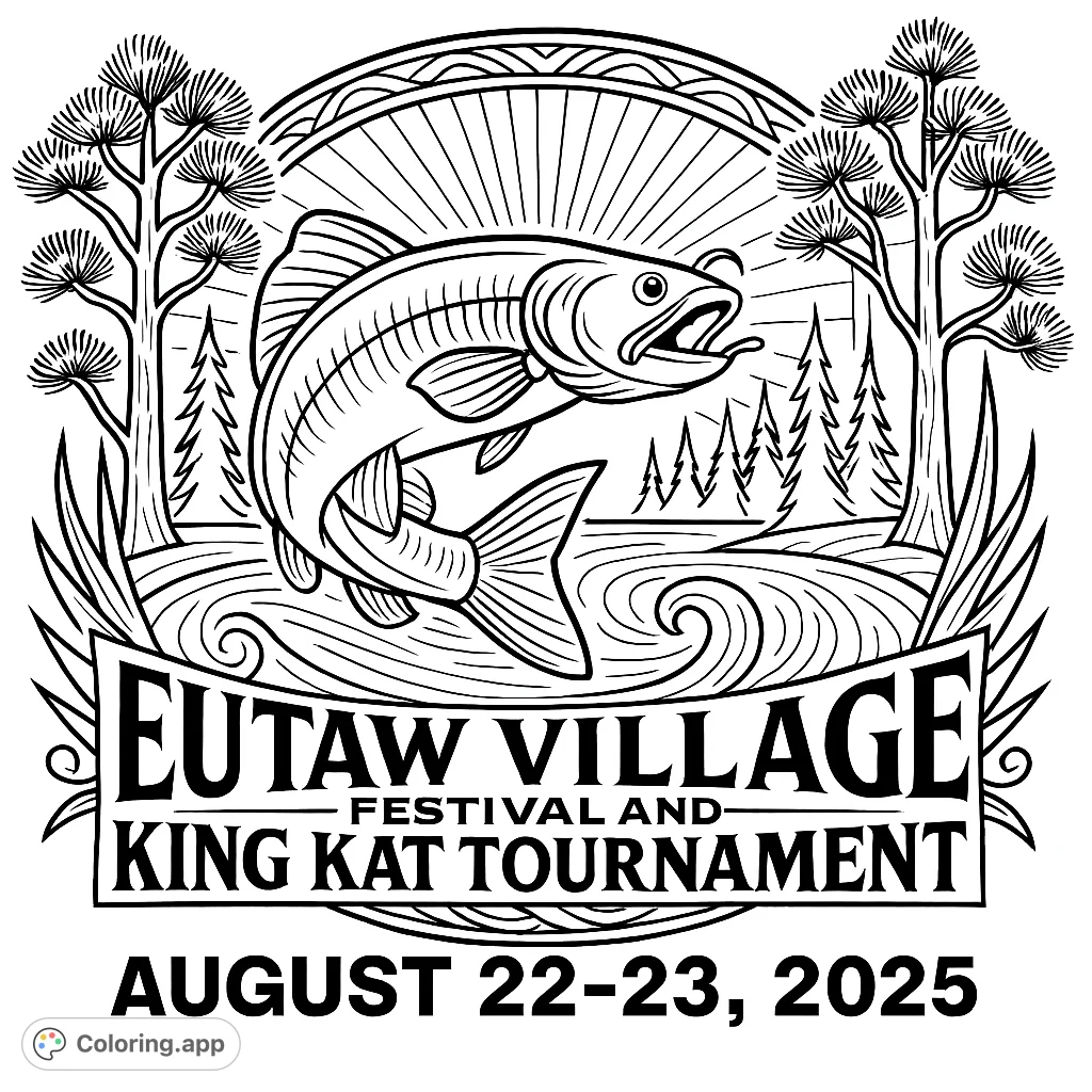 A dynamic fish leaps from water amidst a forest, framed by an ornate border. Perfect for nature and fishing enthusiasts to color and relax.