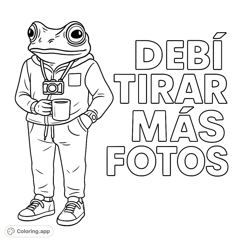 A cool frog character dressed in a hoodie and track pants, holding a camera and a small container. A fun and stylish frog coloring page for all ages.