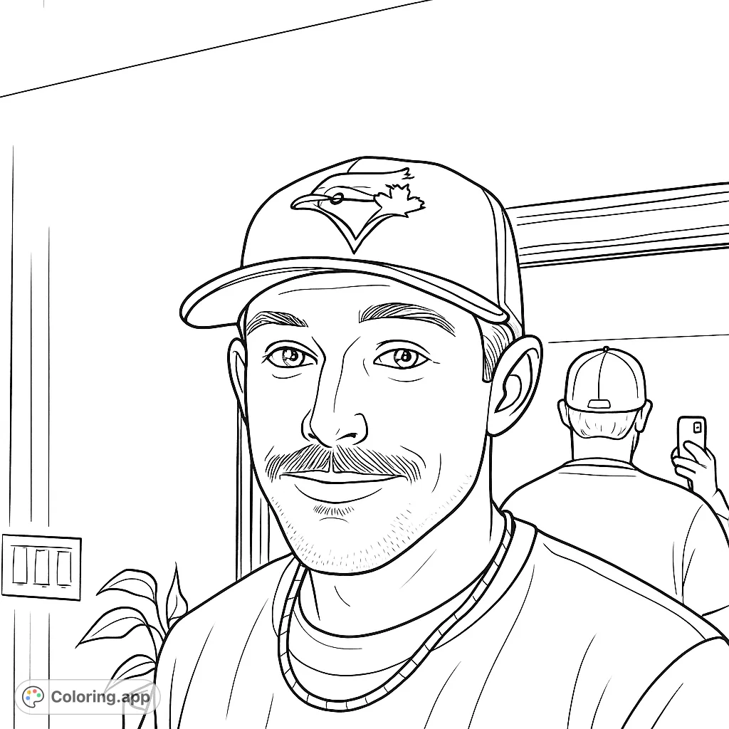 Color a cool guy in a baseball cap with a mustache and beard. Features a detailed portrait and a subtle background, perfect for creative expression.