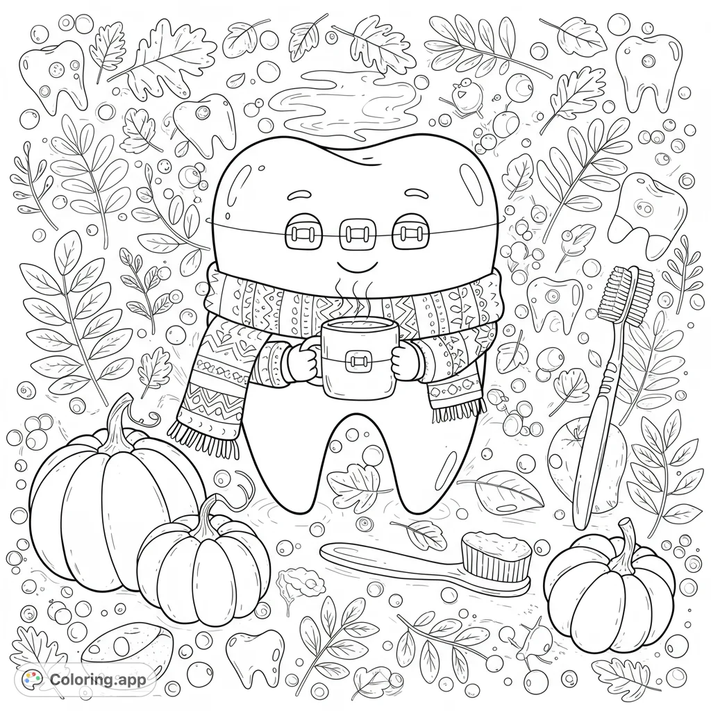 A unique fall-themed coloring page featuring a happy tooth with braces, surrounded by pumpkins, autumn leaves, and cozy accessories. Perfect for a seasonal smile.