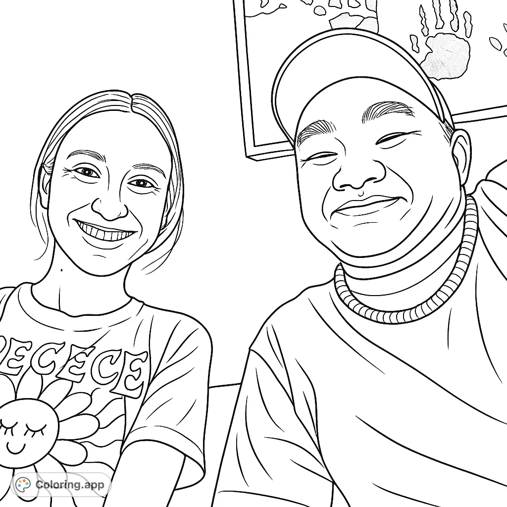 Capture the joy of friendship with this happy portrait of two smiling individuals. Features a sun graphic shirt and handprint art.