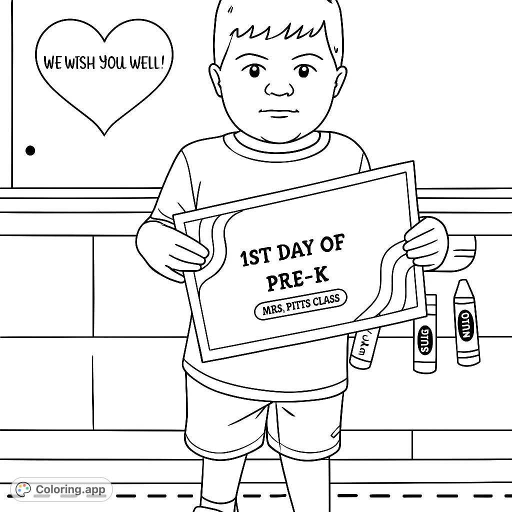 Celebrate a young student's first day of Pre-K with this heartwarming coloring page. Features a child holding a special sign, perfect for school memories.