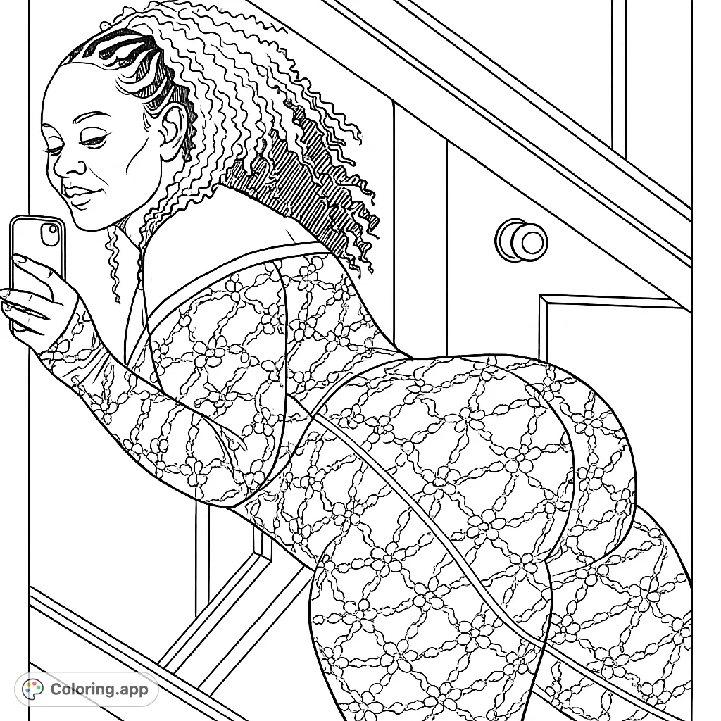 Capture the allure of a woman in a detailed lace garment. This intricate design offers a sophisticated coloring experience for adult enthusiasts.