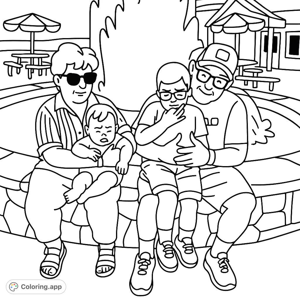 Capture a heartwarming family moment at a lively fountain. This simple, cartoony coloring page is perfect for all ages to enjoy.