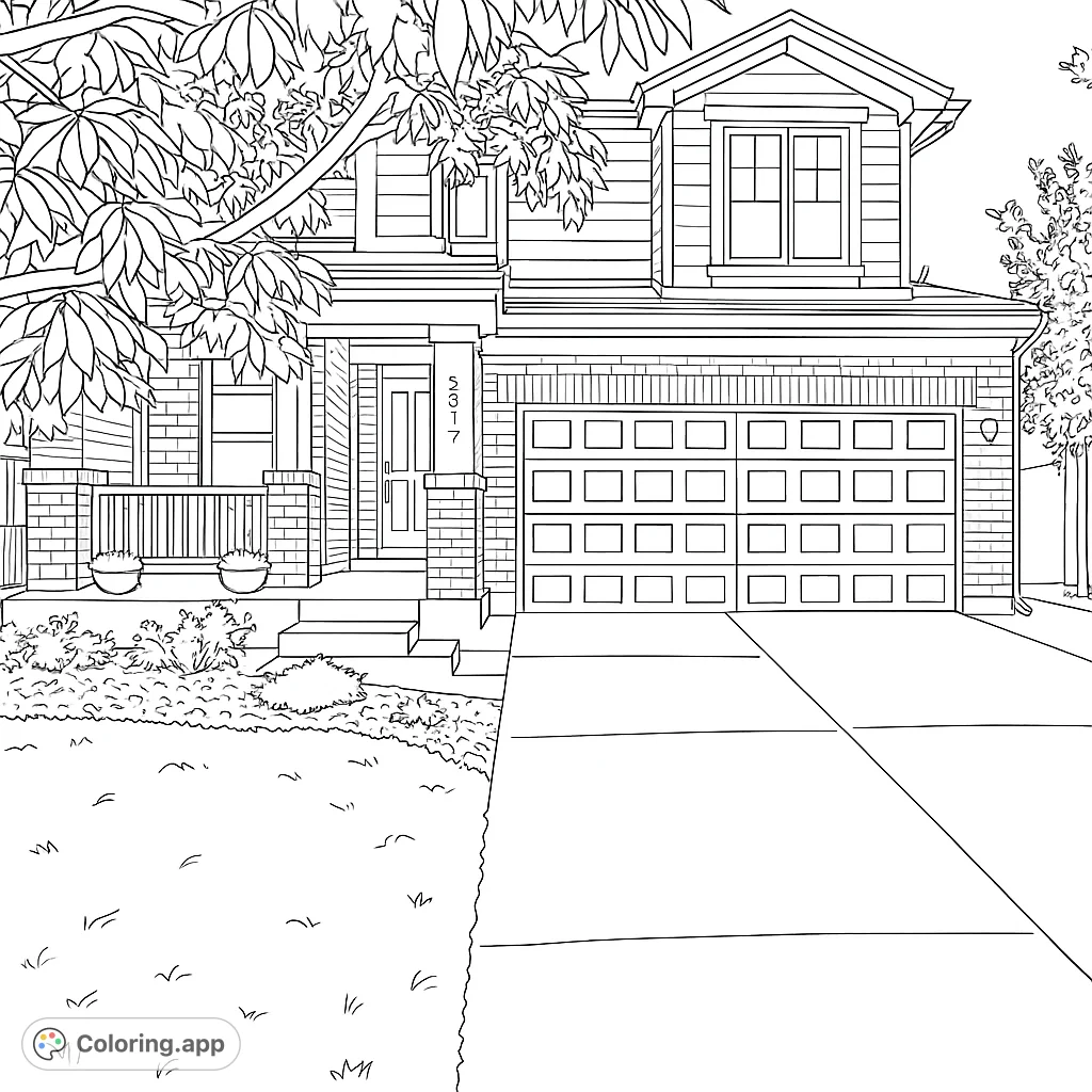 Color a detailed suburban house with brick and siding, a welcoming porch, and a spacious driveway. Perfect for architectural enthusiasts.