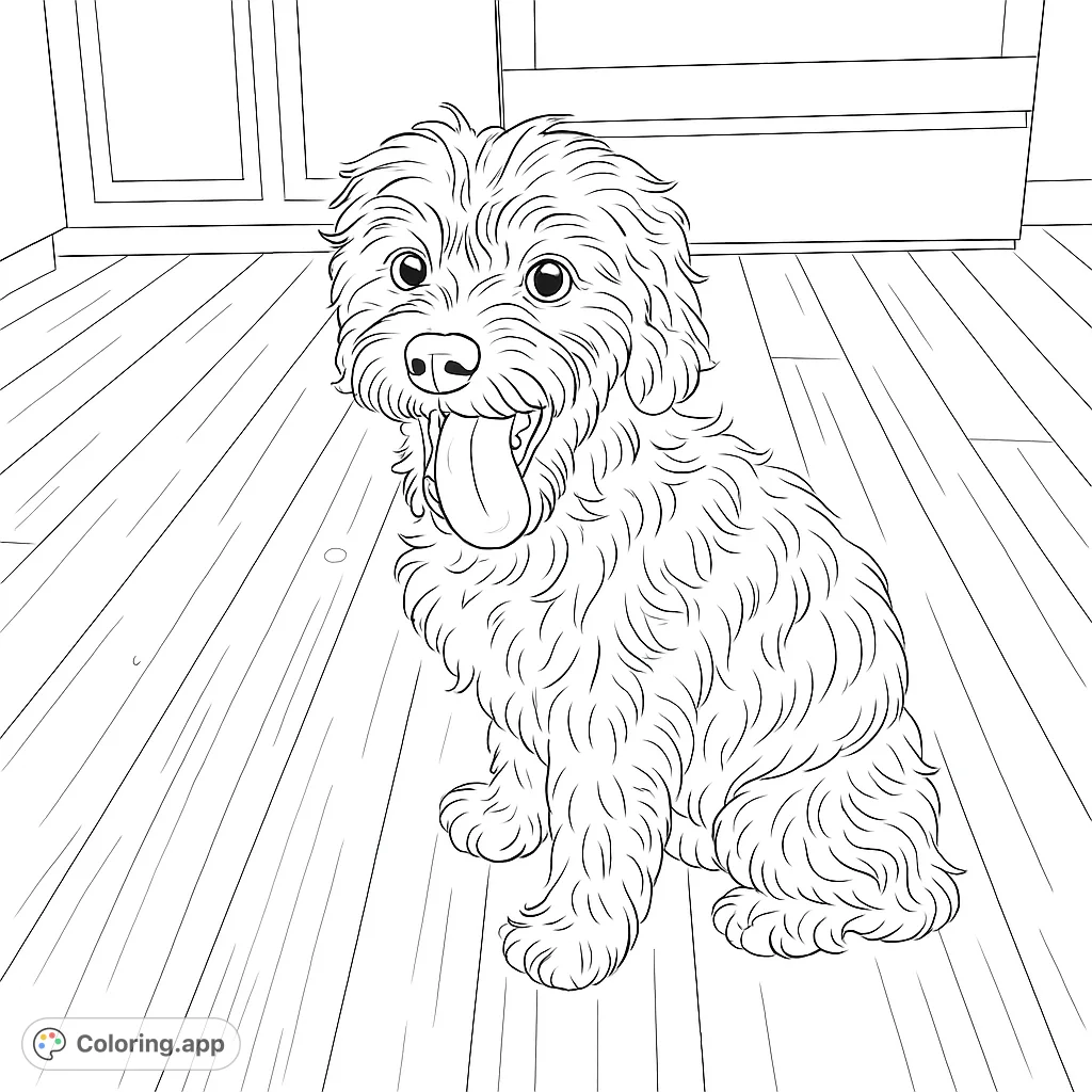 A delightful fluffy puppy with an open mouth and extended tongue sits on a wooden floor, ready for a burst of creative color.