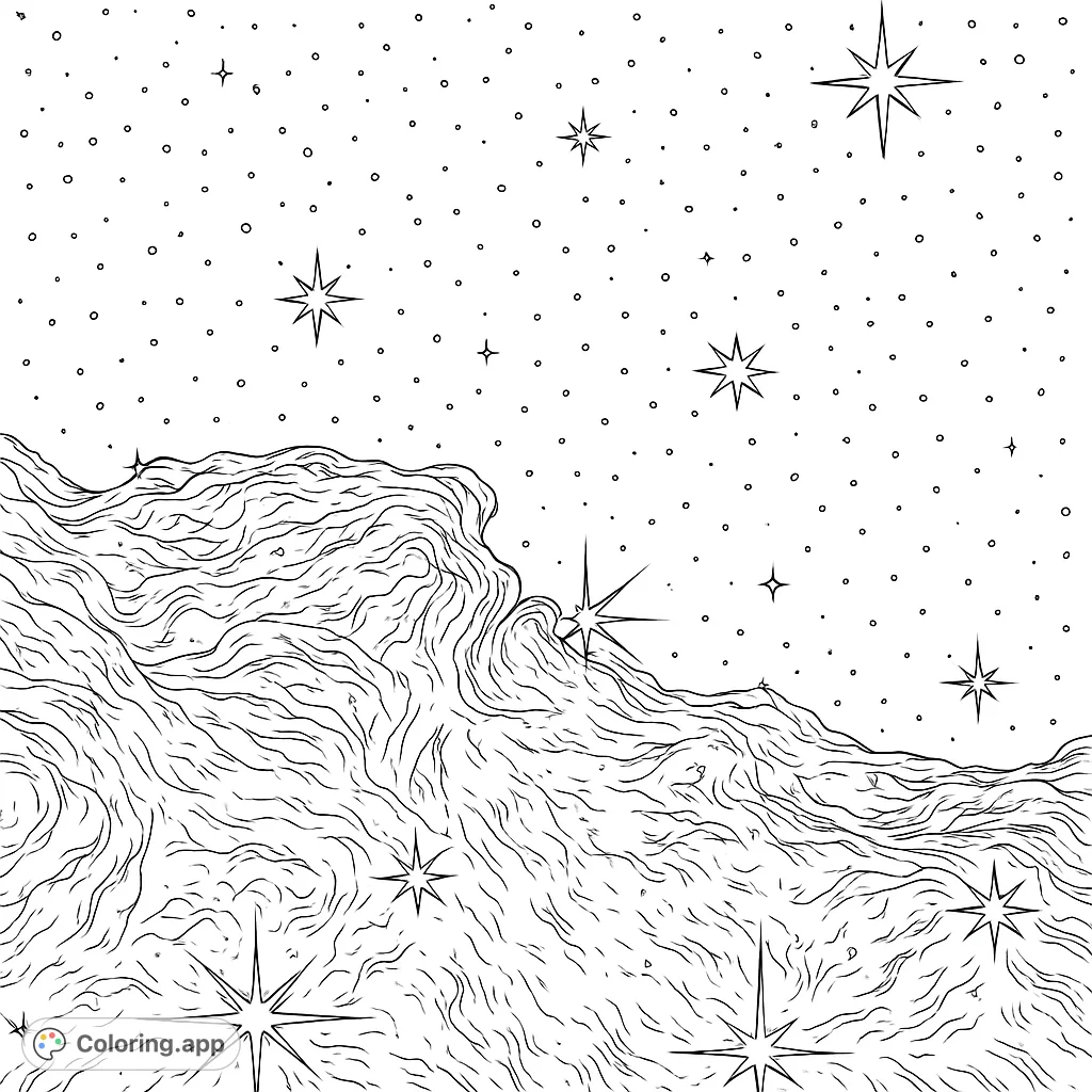 Explore the intricate beauty of a cosmic nebula and countless stars. This detailed design offers a challenging and rewarding coloring experience for space enthusiasts.