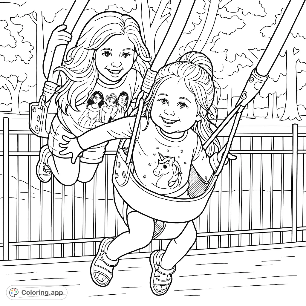 Two joyful girls soar on playground swings, captured mid-air in a scene of pure childhood delight. Perfect for a fun, engaging coloring experience.