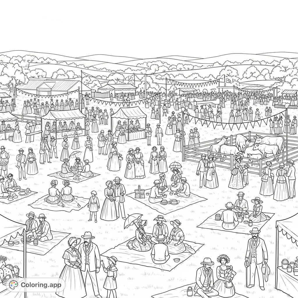 Experience a bustling 1880s agricultural fair picnic. A detailed coloring page featuring a vast crowd, period attire, tents, and farm animals.