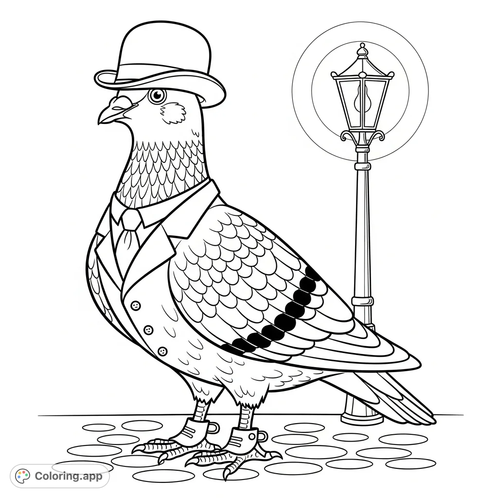 Color a charming pigeon dressed in a dapper bowler hat and elegant spats. A unique and whimsical design for creative expression and detail coloring.