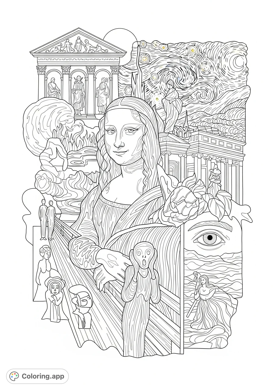 Dive into art history with this famous paintings coloring page. A detailed composition of iconic artworks, perfect for art lovers and enthusiasts.
