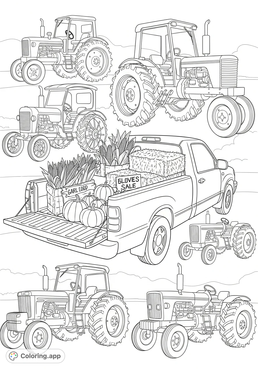 A detailed collage showcasing the evolution of farm tractors from antique to modern, centered around a pickup truck selling harvest goods like corn, pumpkins, and hay.