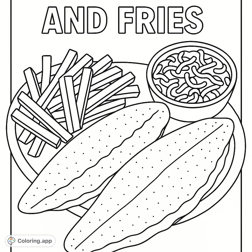Savor a delicious Catfish and Fries coloring page! Features two fish fillets, a pile of fries, and a sauce bowl.