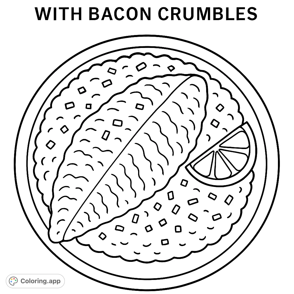 A delicious catfish and grits coloring page, complete with bacon crumbles and a lemon wedge. Perfect for foodies and aspiring chefs!