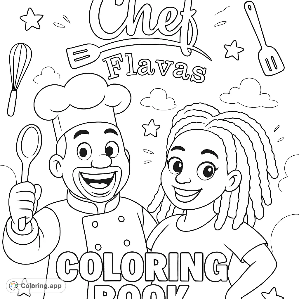 A cheerful chef and friend ready for kitchen adventures, surrounded by cooking tools and playful elements. Perfect for aspiring young chefs!