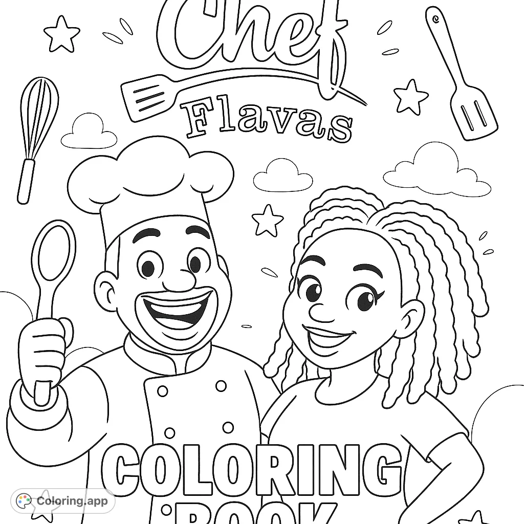 A cheerful chef and friend ready for kitchen adventures, surrounded by cooking tools and playful elements. Perfect for aspiring young chefs!