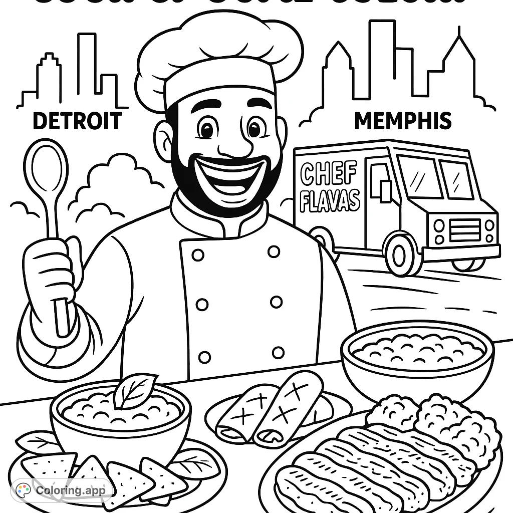 A cheerful chef presents a feast of dishes, with a food truck and city skylines in the background. A fun culinary adventure awaits your colors!