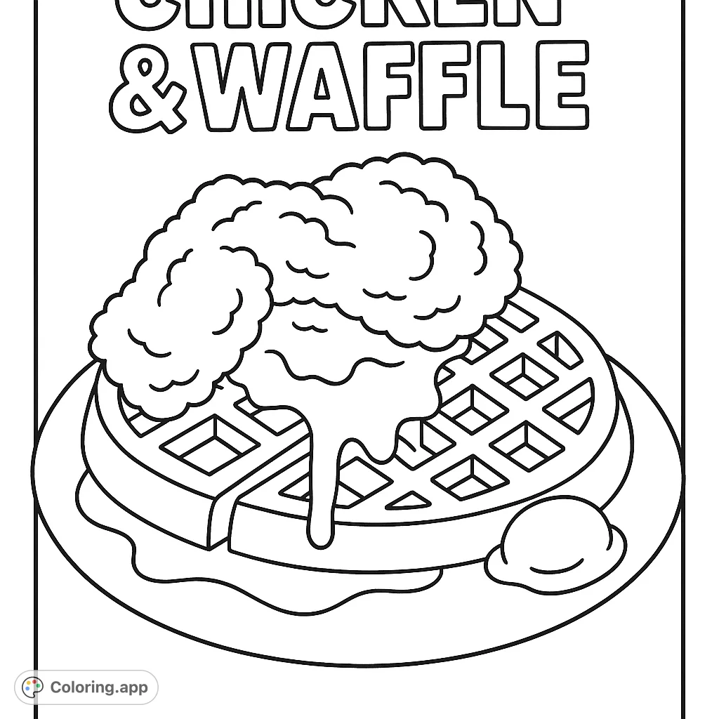 A delicious chicken and waffle coloring page featuring a classic breakfast dish with syrup and butter, perfect for foodies and fun coloring.