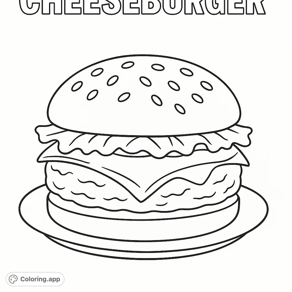 A delicious cheeseburger on a plate, ready for your creative touch! Perfect for food lovers and aspiring chefs to color.