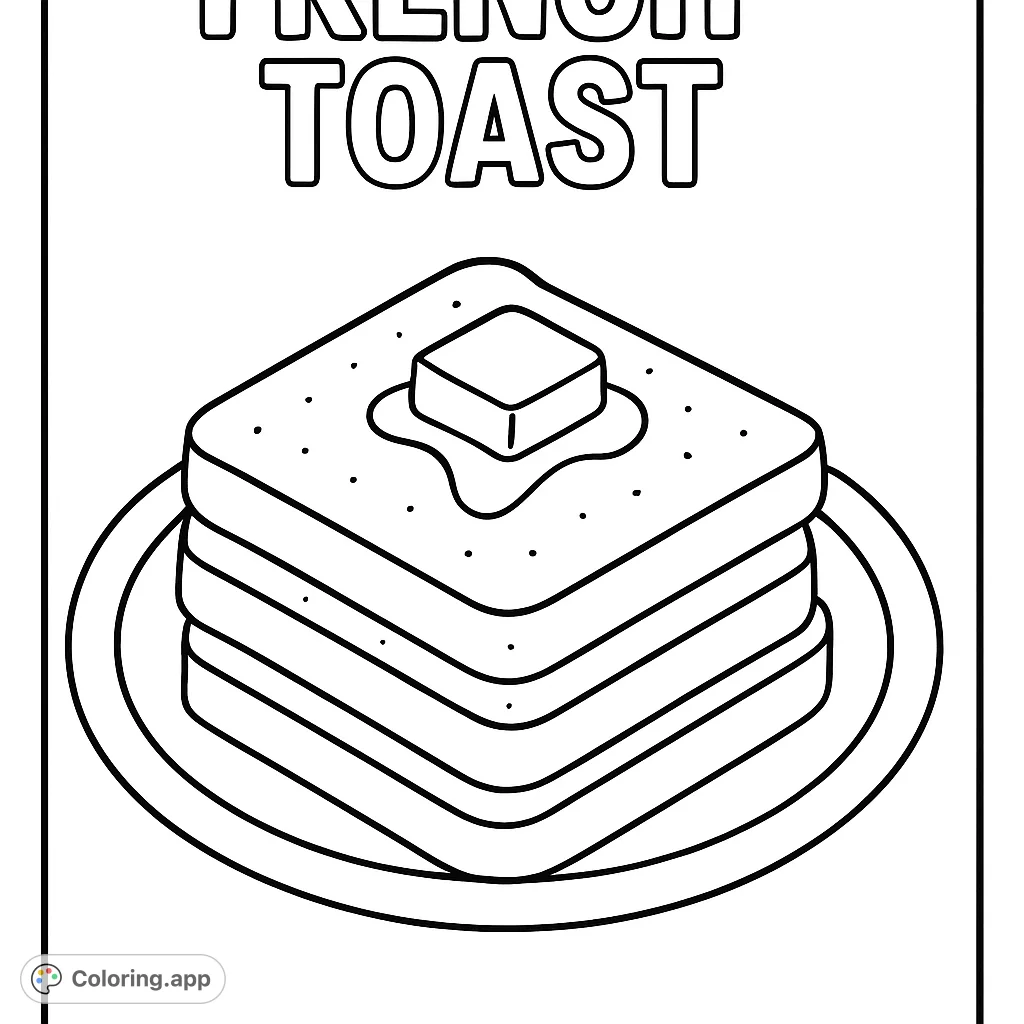 Color a delightful stack of French toast with melting butter and powdered sugar. A simple and sweet breakfast scene perfect for all ages.