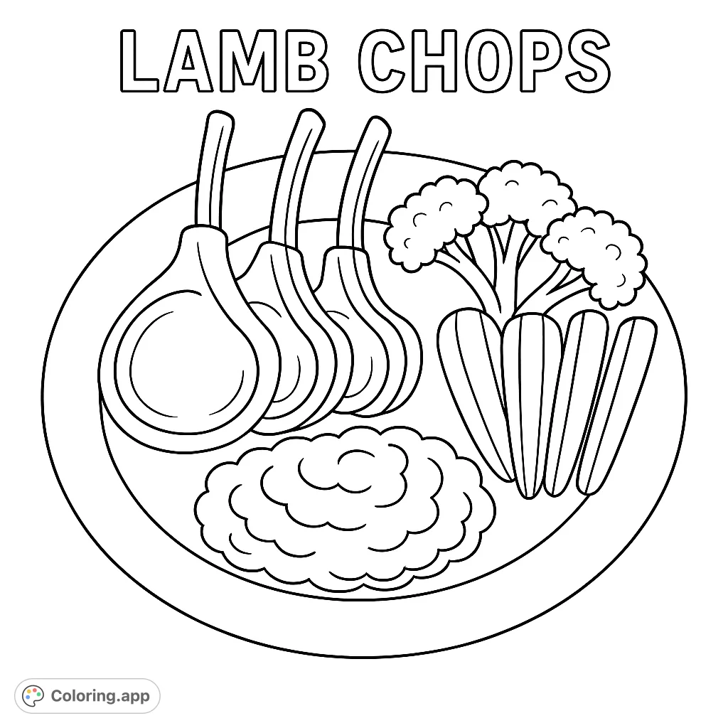 A delightful lamb chops meal coloring page featuring four chops, mashed potatoes, broccoli, and carrots, perfect for food lovers.