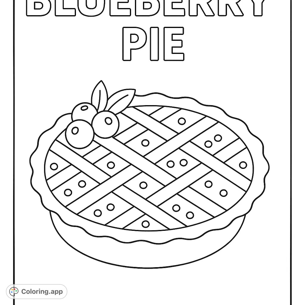 A delightful pie with a lattice crust and fruit topping, perfect for a sweet treat coloring page. Features 'BLUEBERRY PIE' text.