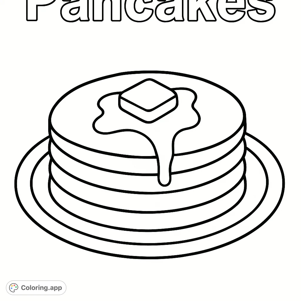 Color a delightful stack of pancakes with melting butter and syrup, perfect for a sweet breakfast scene. Includes the word "Pancakes".
