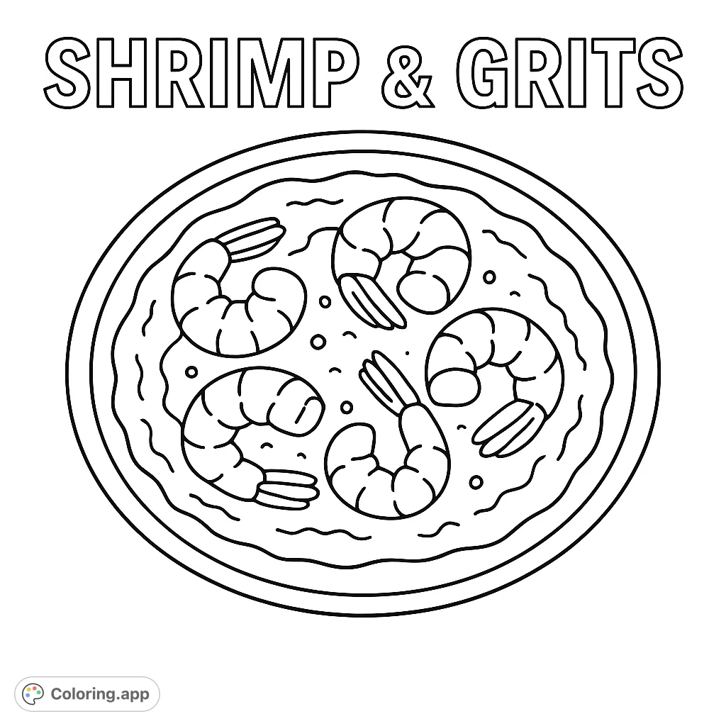 Savor the flavor with this shrimp and grits coloring page! Features a hearty dish with five plump shrimp and textured grits, plus bold text.