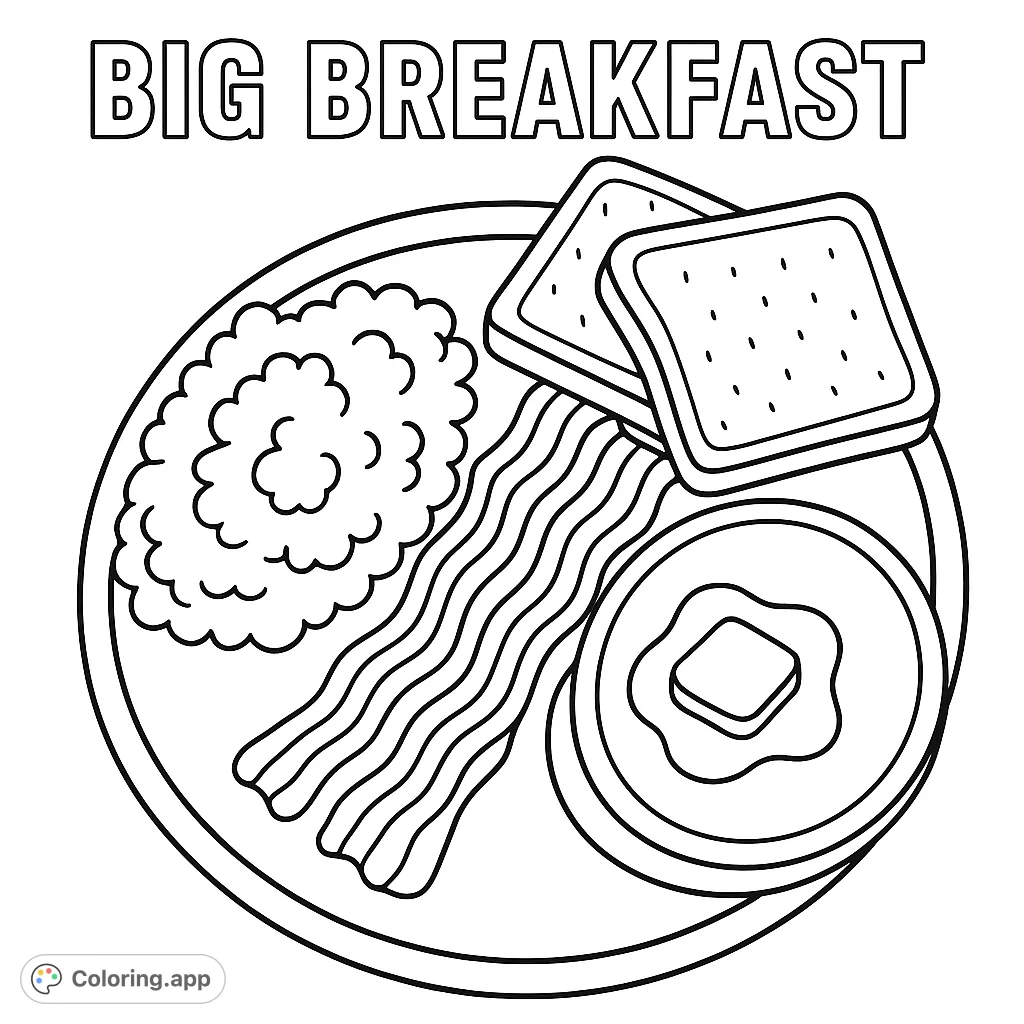 Enjoy a delicious Big Breakfast coloring page featuring scrambled eggs, crispy bacon, fluffy pancakes, and toast. Perfect for food lovers!