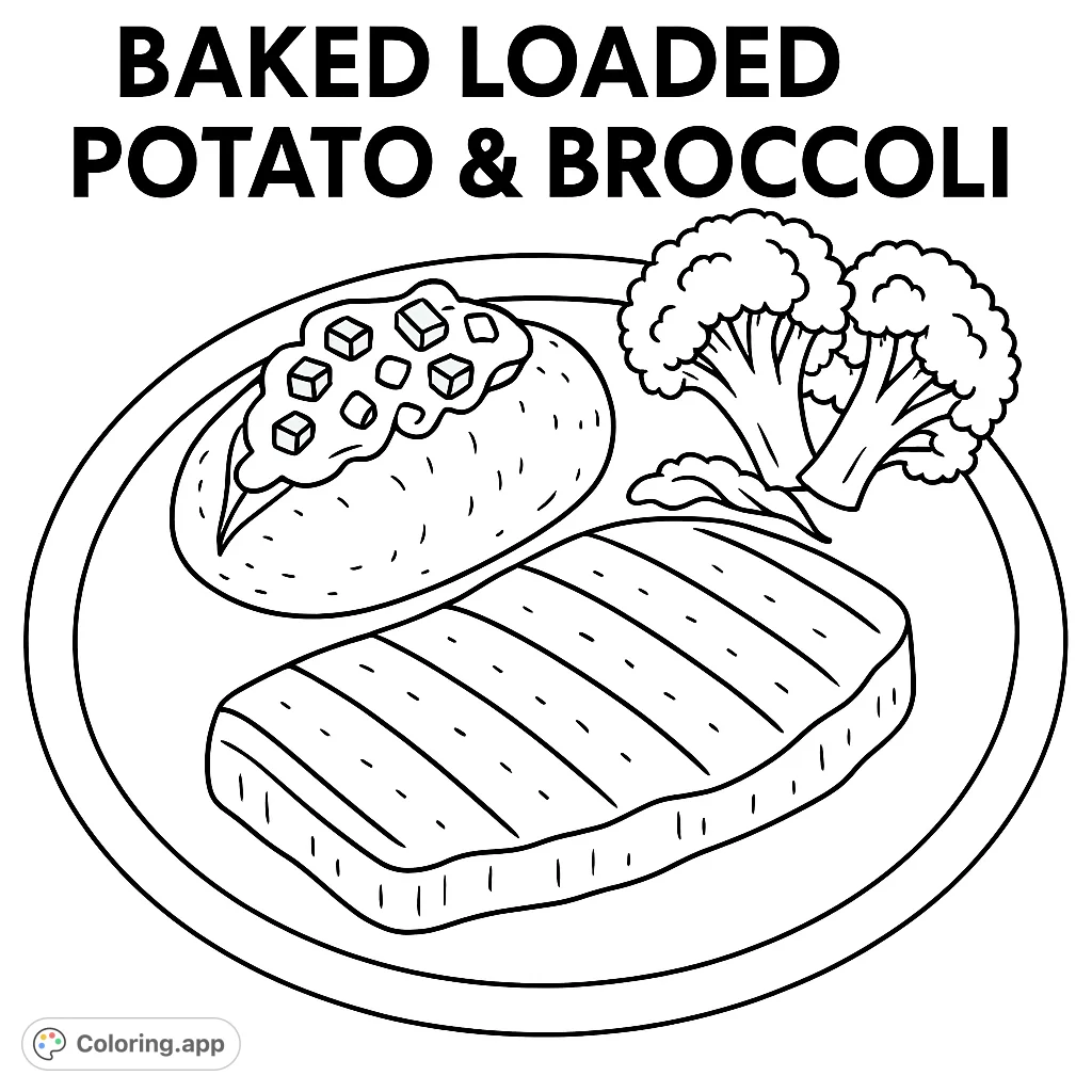 A delicious meal featuring a loaded baked potato, grilled protein, and broccoli, perfect for a satisfying coloring experience.