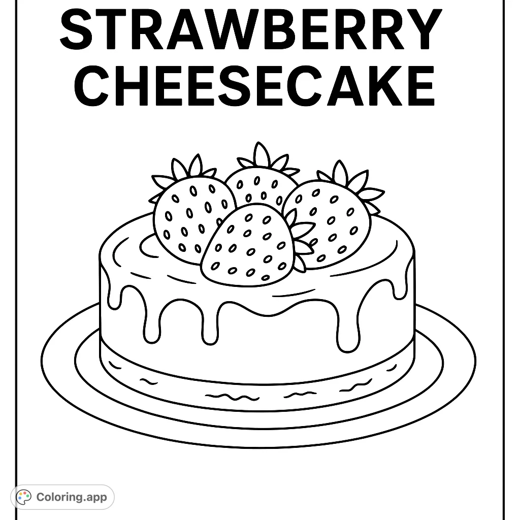 A delightful strawberry cheesecake coloring page, perfect for sweet tooths! Features a round cake with berries and dripping glaze.