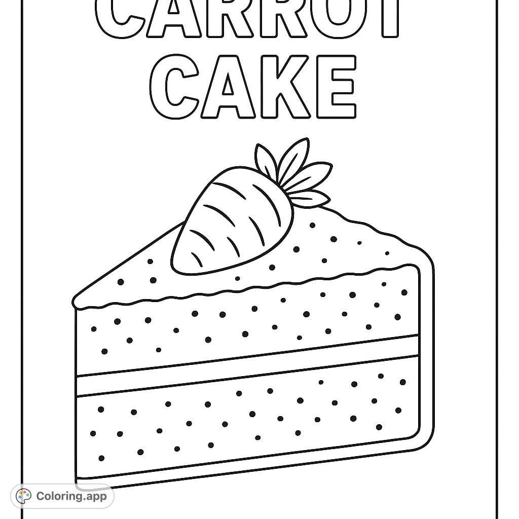A delightful carrot cake slice with a decorative carrot on top, perfect for a sweet coloring experience. Features text 'CARROT CAKE'.