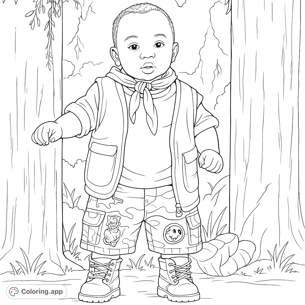 Embark on an adventure with this adorable baby explorer coloring page! Features a cute child in safari gear, perfect for imaginative fun.