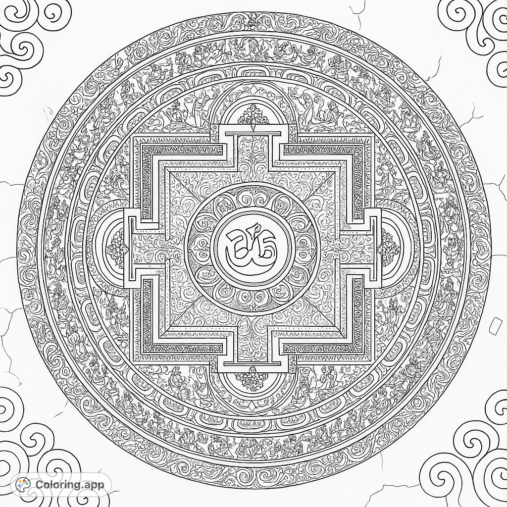 Unleash your creativity with this intricate mandala coloring page. Explore detailed geometric patterns and symbolic motifs for a meditative artistic experience.
