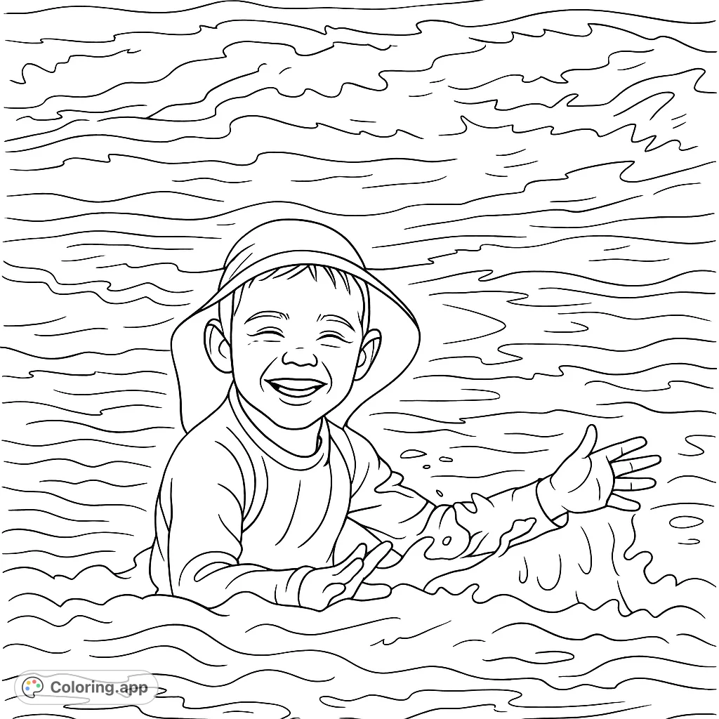 Capture the joy of a child playing in dynamic ocean waves. A delightful scene with splashing water, perfect for a fun summer coloring adventure.