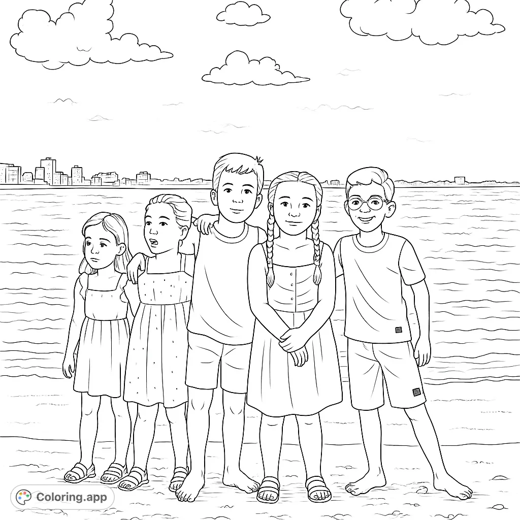 Capture a joyful beach memory! This free printable coloring page features five children posing on a sandy shore with a city skyline backdrop.