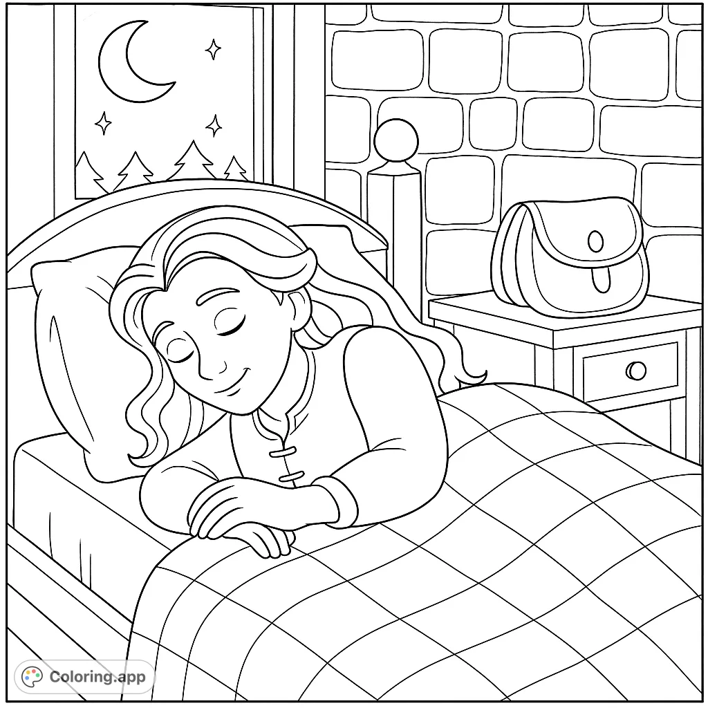 A serene coloring page featuring a young person sleeping peacefully in a cozy bedroom under a starry night sky. Perfect for relaxation.