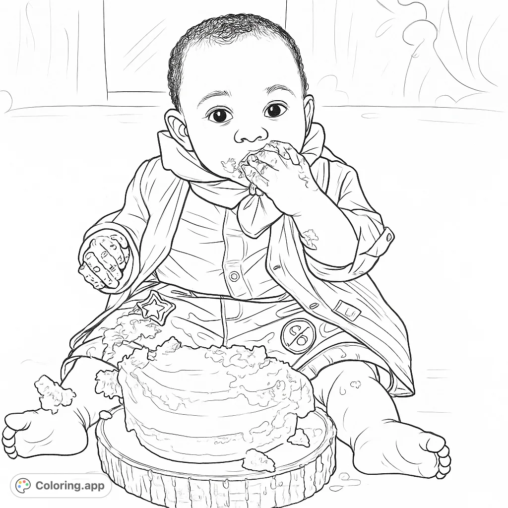 Celebrate a milestone with this adorable baby cake smash coloring page! Features a joyful child covered in cake, perfect for capturing sweet memories.