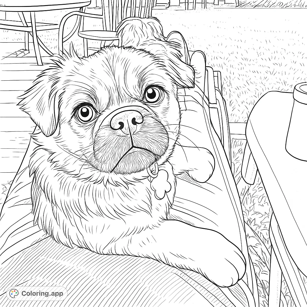 An adorable fluffy dog rests on a lap, gazing with expressive eyes. A charming pet-themed coloring page for all ages.