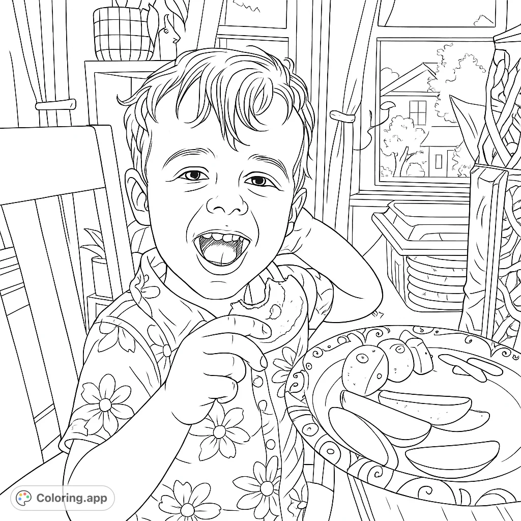 A joyful child enjoys a snack of fruit, pretzels, and a cookie at the table. A delightful scene for a free printable coloring page.