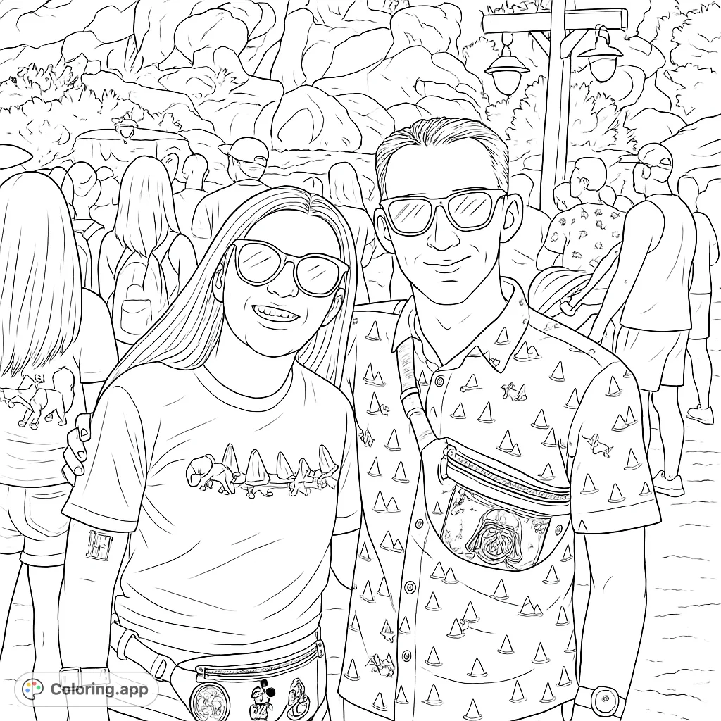 Capture the joy of a theme park visit with this smiling couple. Features detailed outfits, iconic characters, and a vibrant park background.