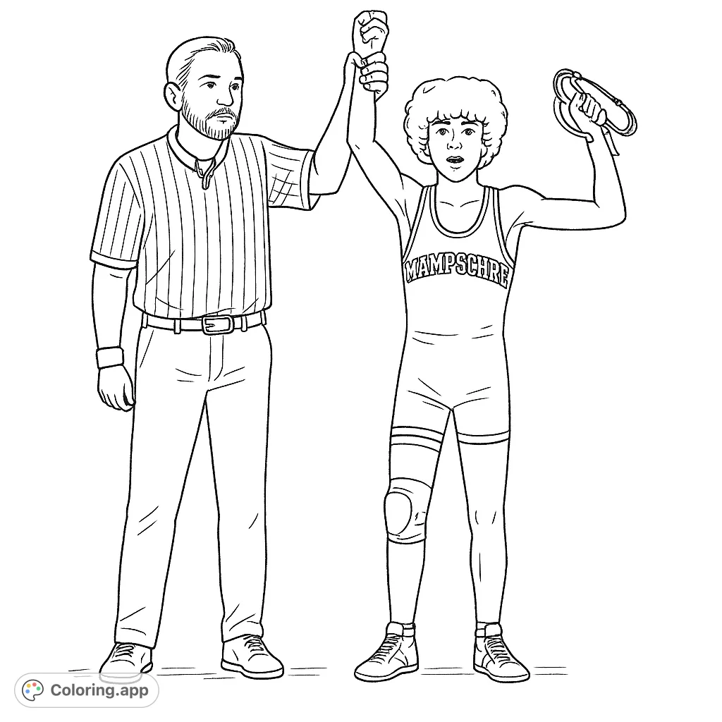 Celebrate a wrestling victory with this dynamic coloring page featuring a triumphant wrestler holding an ice cream and headgear, alongside a referee.