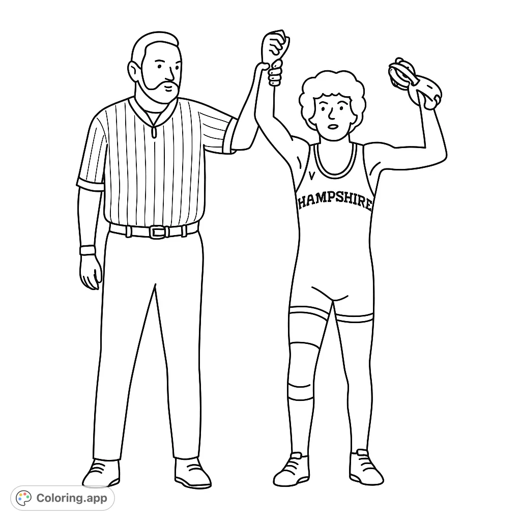 Celebrate a wrestling victory with this free printable coloring page! A young champion and referee capture a moment of triumph, perfect for sports fans.