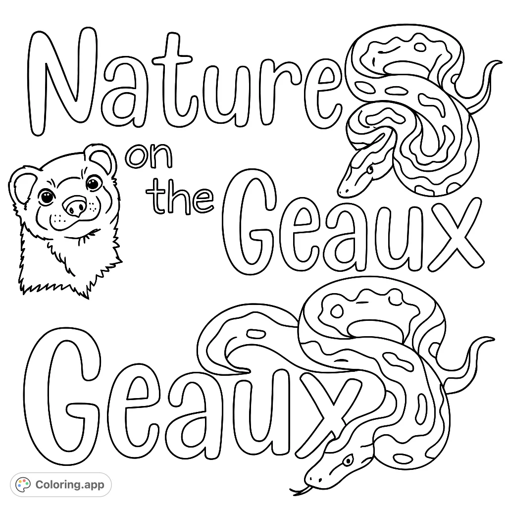 Explore nature's charm with a friendly ferret and a patterned snake, accompanied by bold text. A fun and engaging coloring page for all ages.