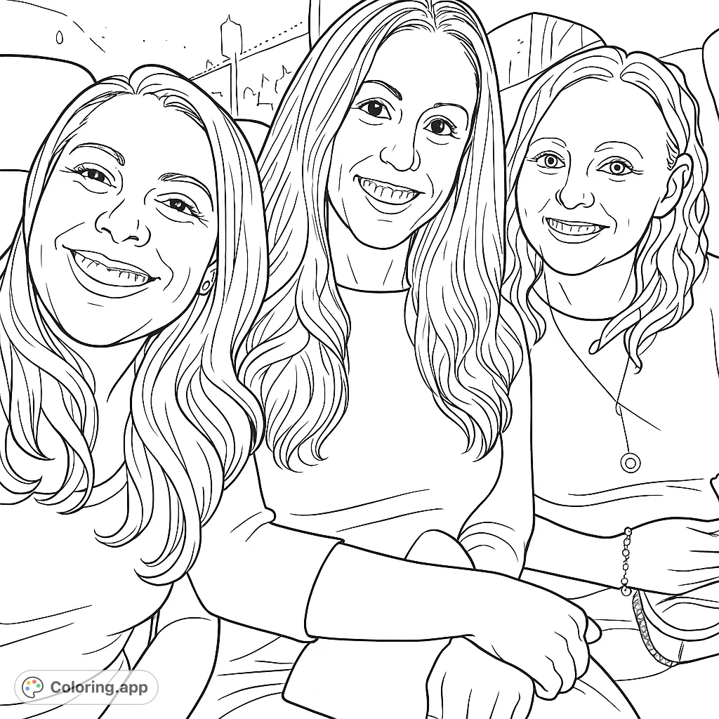 Capture the joy of friendship with three smiling women. A perfect adult coloring page for relaxation and creative expression.